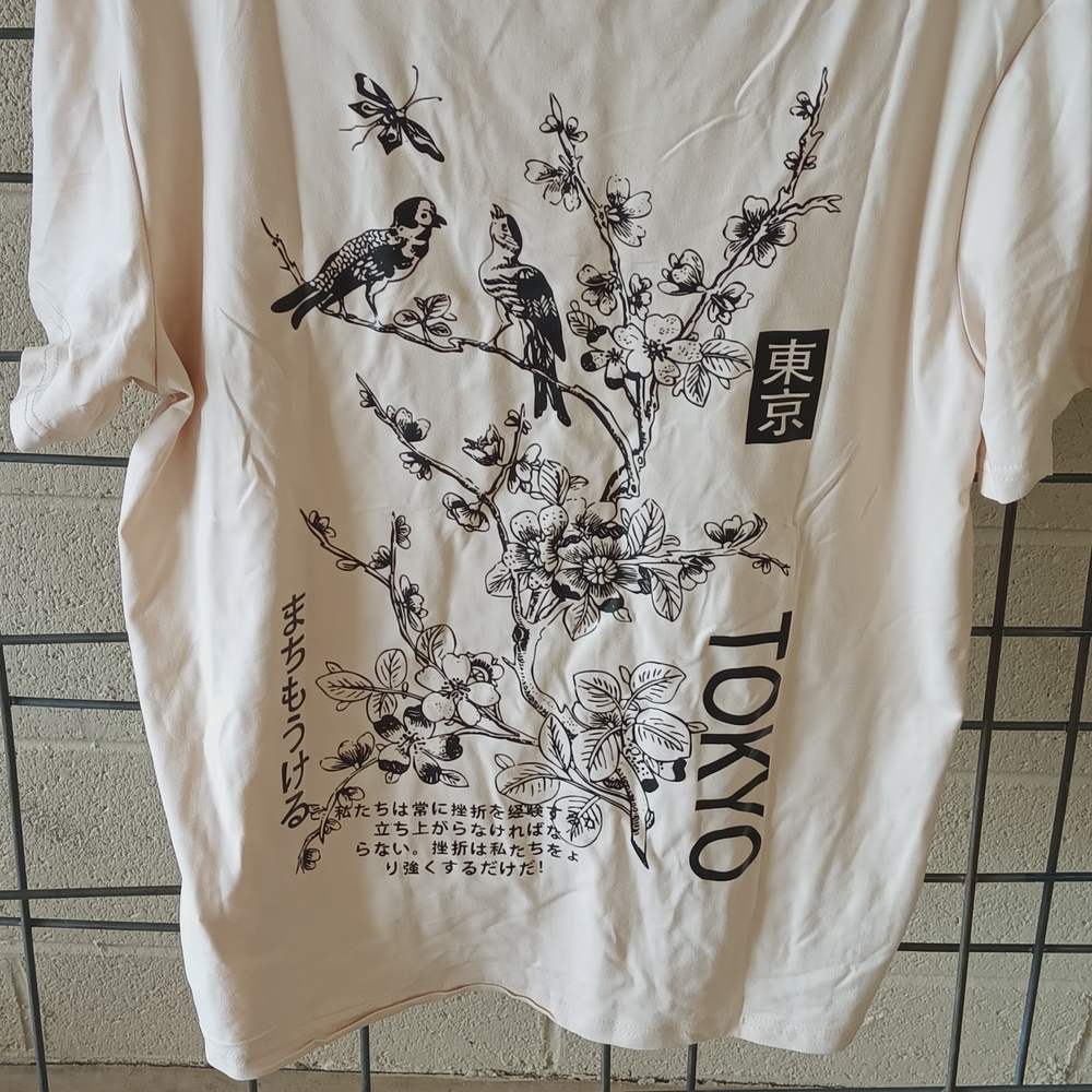 White Graphic T-Shirt with Bird and Floral Design
